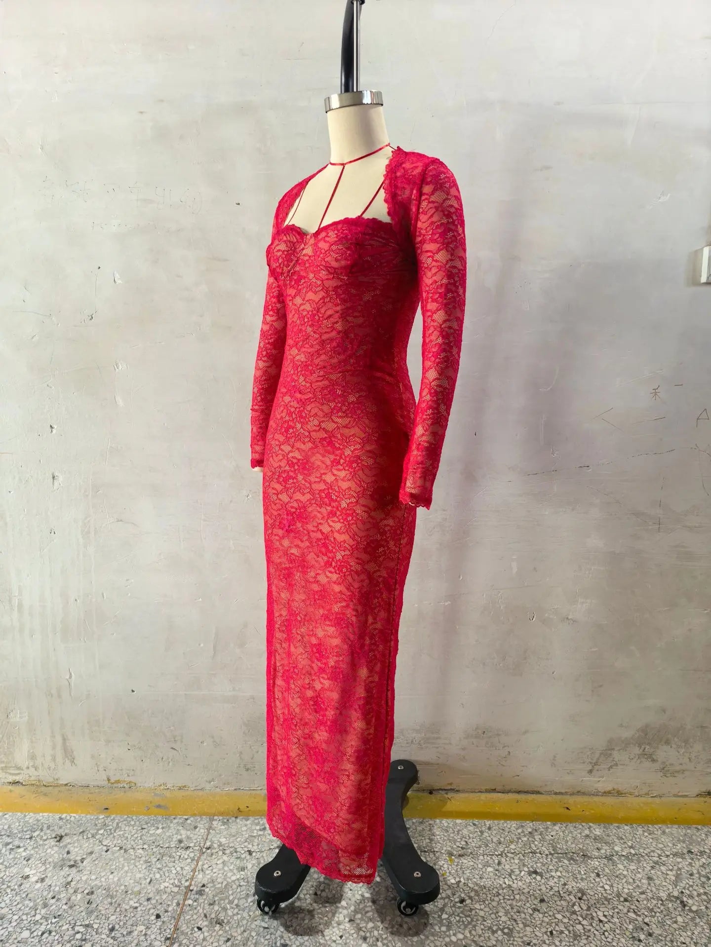 Women Halter Thin Strap Bustier Long Sleeve Shrug Sheer Floral Lace Bodycon Maxi Evening Gown Solid See Through Party Dress