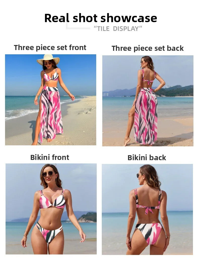 Women's Three-Piece Printed Swimsuit Set Fashion Split Bikini with Board Shorts Three-Piece Swimwear Summer Beachwear