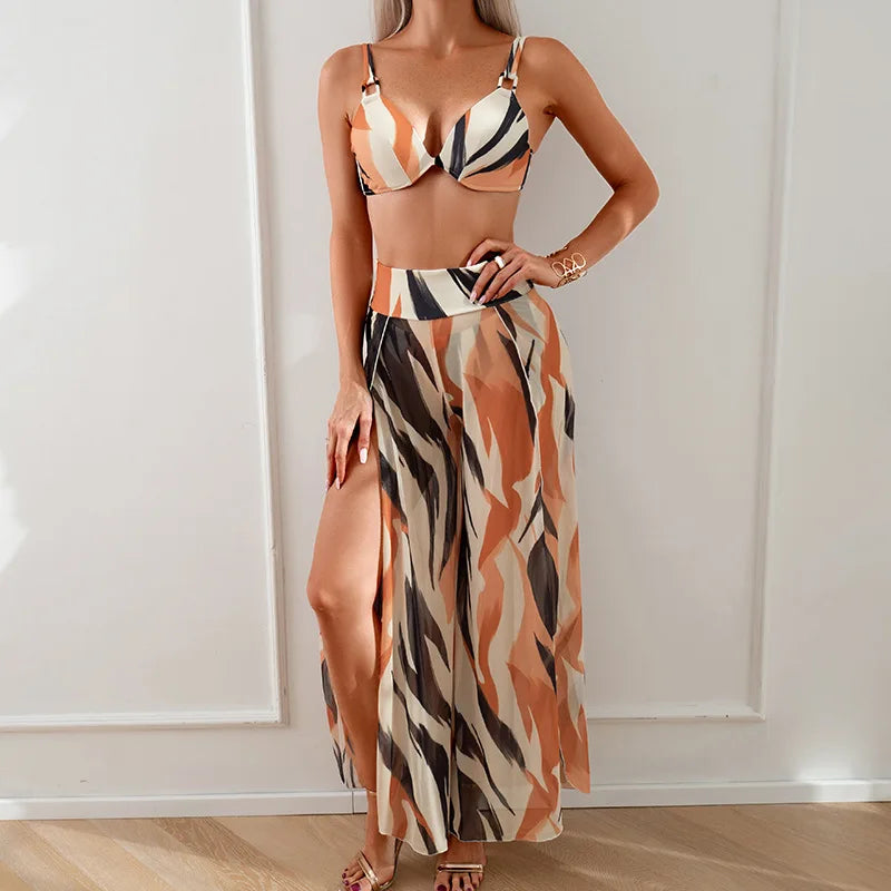 Women's Three-Piece Printed Swimsuit Set Fashion Split Bikini with Board Shorts Three-Piece Swimwear Summer Beachwear