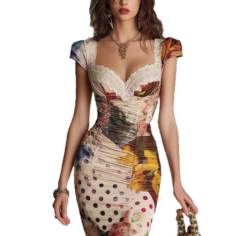 Women's Lace Square Neck Midi Bodycon Dress Mixed Floral Polka Dot Print Cap Sleeve Ruched Asymmetrical Hem Slim Party Dress