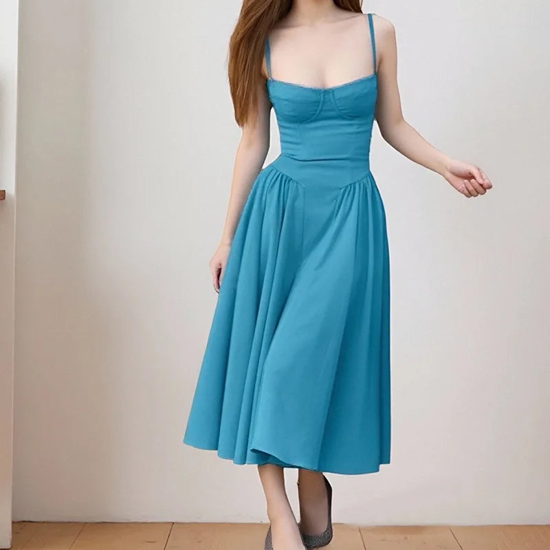 Women's French Retro Elegant V-Neck Sleeveless Slip Dress Bohemian Floral Beach Sundress Sexy Slim Fit Waist Cinched Long Dress