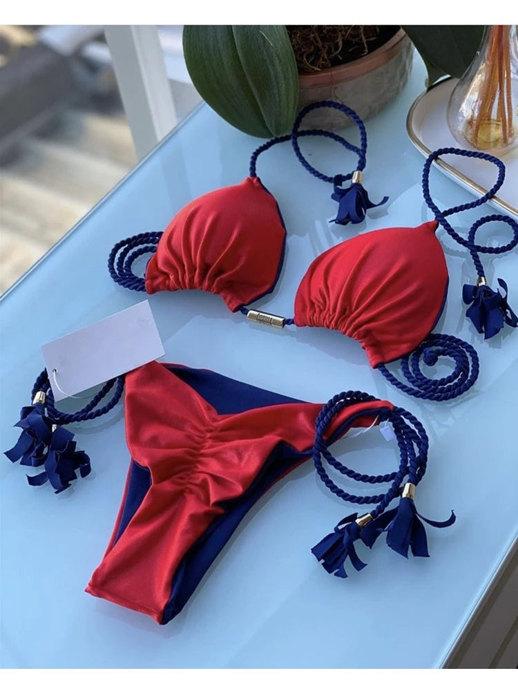 Women's Halter Tie Tassel Detail Two Piece Water Outfit Adjustable Side Drawstring Separated Swim Set for Beach Vacation Outfits