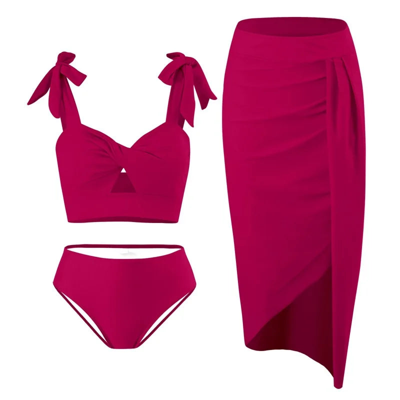 Women's Sexy Round Neck Solid Color Swimming Set High Waist Bikini with Skirt and Underpants 3-Piece Set for Seabeach