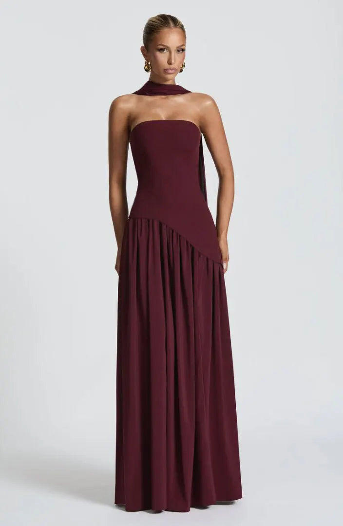 Women Strapless Asymmetrical Maxi Dress with Detachable Neck Wrap Pleated Flowy Long Evening Party Gown