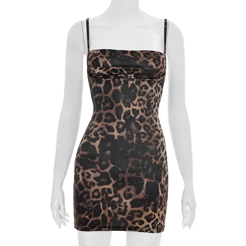 Y2K Style V-Neck Leopard Print Bodycon Mini Dress Spaghetti Strap Sleeveless Short Dress for Casual Chic Women Streetwear