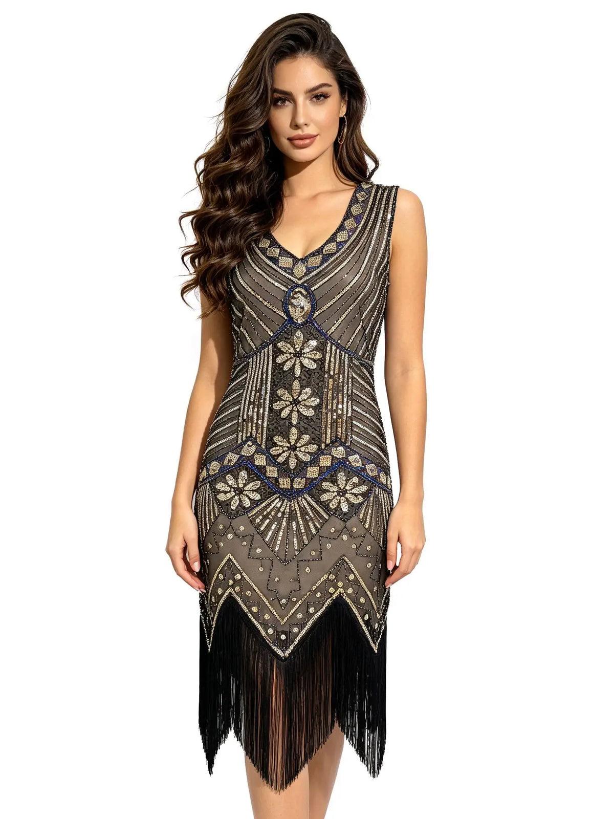 Women 1920s Flapper Dress Vintage Gatsby Beaded Sequin Fringe Midi Dress Sleeveless V Neck Roaring 20s Party Costume