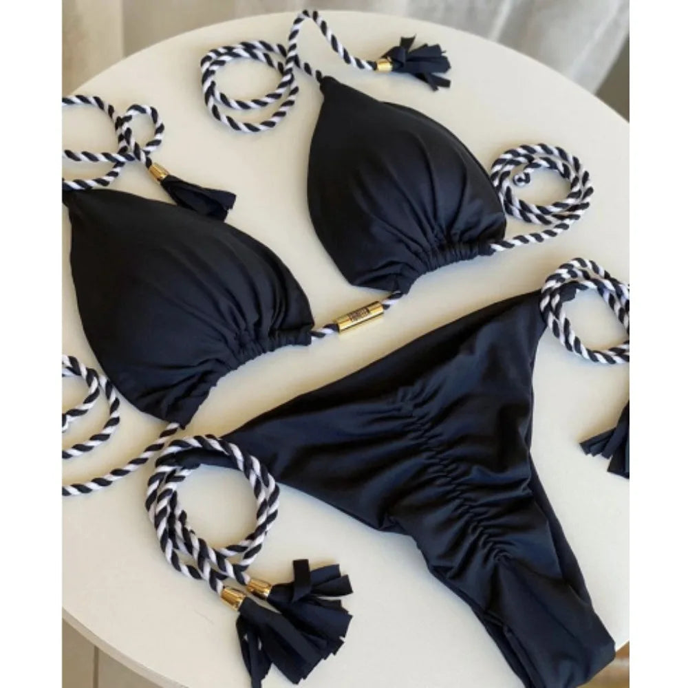 Women's Halter Tie Tassel Detail Two Piece Water Outfit Adjustable Side Drawstring Separated Swim Set for Beach Vacation Outfits