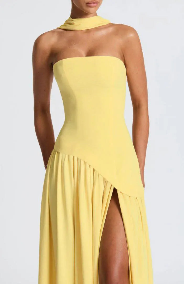 Women Strapless Asymmetrical Maxi Dress with Detachable Neck Wrap Pleated Flowy Long Evening Party Gown