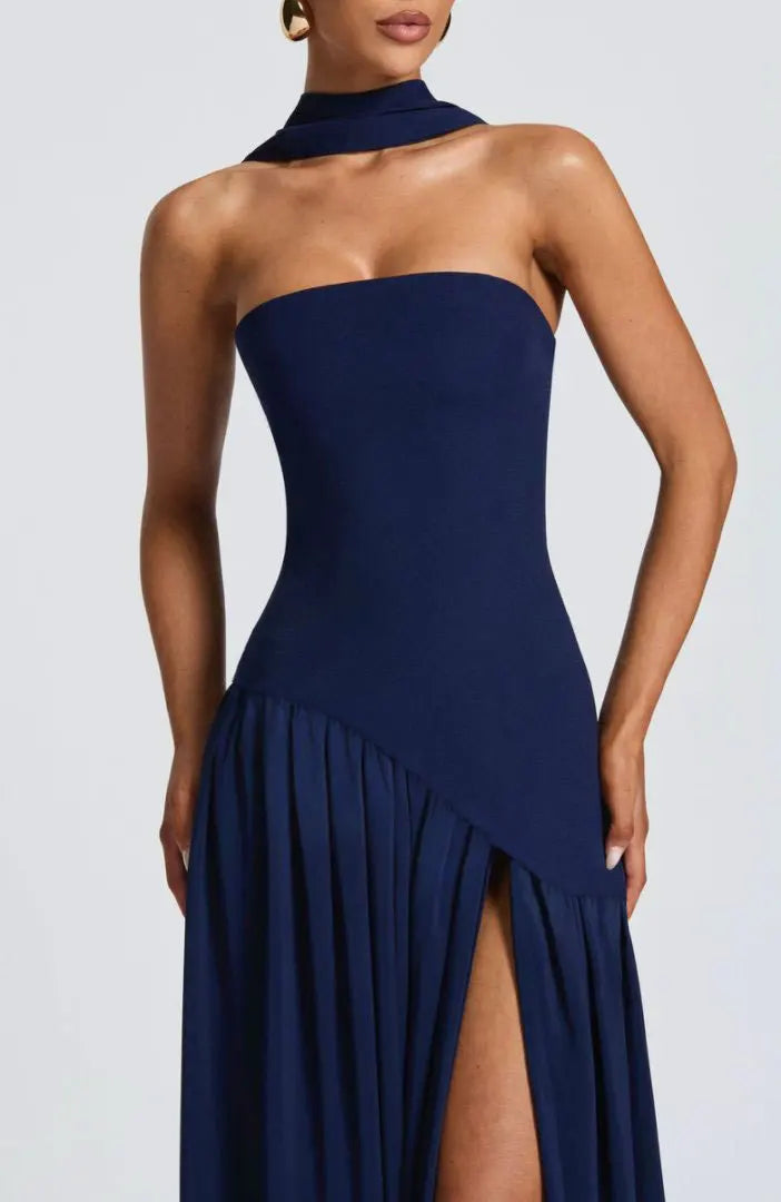 Women Strapless Asymmetrical Maxi Dress with Detachable Neck Wrap Pleated Flowy Long Evening Party Gown