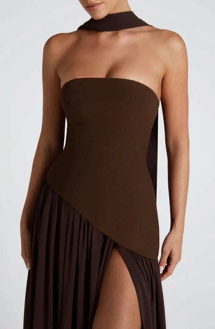 Women Strapless Asymmetrical Maxi Dress with Detachable Neck Wrap Pleated Flowy Long Evening Party Gown