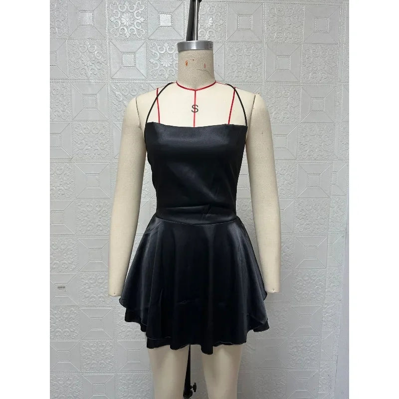 Women Sexy Satin Sleeveless Cami Playsuit Solid Cowl Neck Cross Tie Backless Short Jumpsuit Fashion Slim Fit Summer Romper