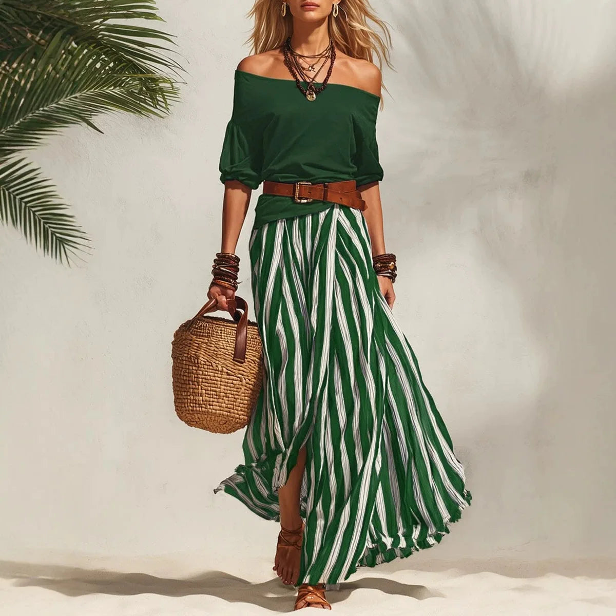 Women's Summer Off Shoulder Half Sleeve Top Vertical Stripe Split Maxi Skirt Two Piece Suit Loose Flowy Matching Set 2026