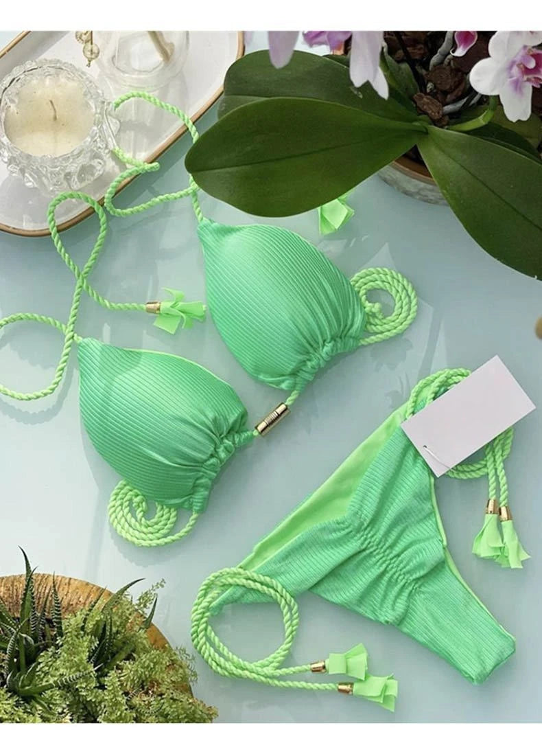Women's Halter Tie Tassel Detail Two Piece Water Outfit Adjustable Side Drawstring Separated Swim Set for Beach Vacation Outfits