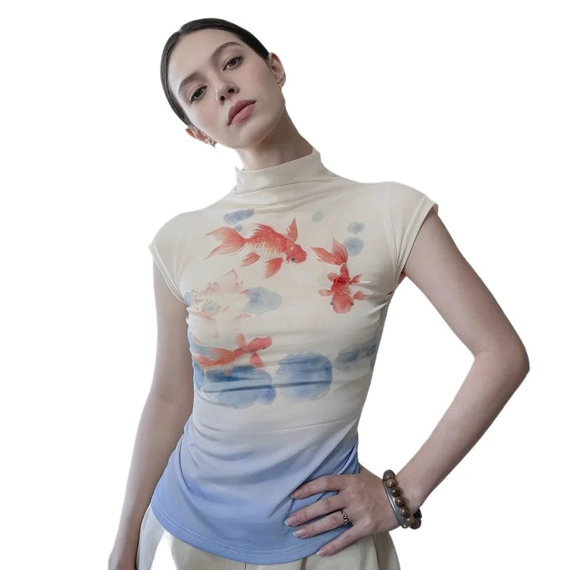 Women's Retro Vacation Style Goldfish Print Contrasting Stand Up Collar Short Sleeved T-shirt Slim Fit Slimming Casual Top