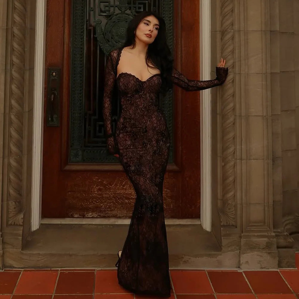 Women Halter Thin Strap Bustier Long Sleeve Shrug Sheer Floral Lace Bodycon Maxi Evening Gown Solid See Through Party Dress