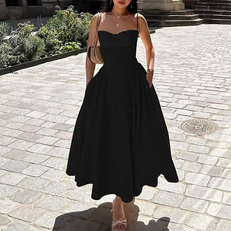 Women's French Retro Elegant V-Neck Sleeveless Slip Dress Bohemian Floral Beach Sundress Sexy Slim Fit Waist Cinched Long Dress