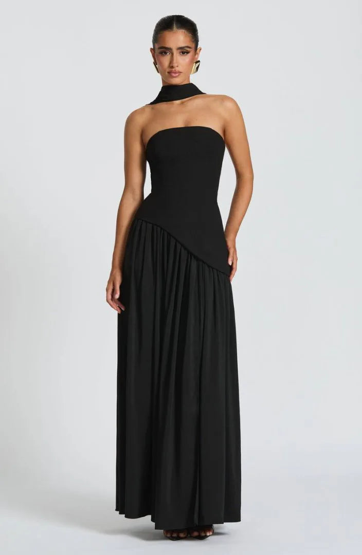 Women Strapless Asymmetrical Maxi Dress with Detachable Neck Wrap Pleated Flowy Long Evening Party Gown