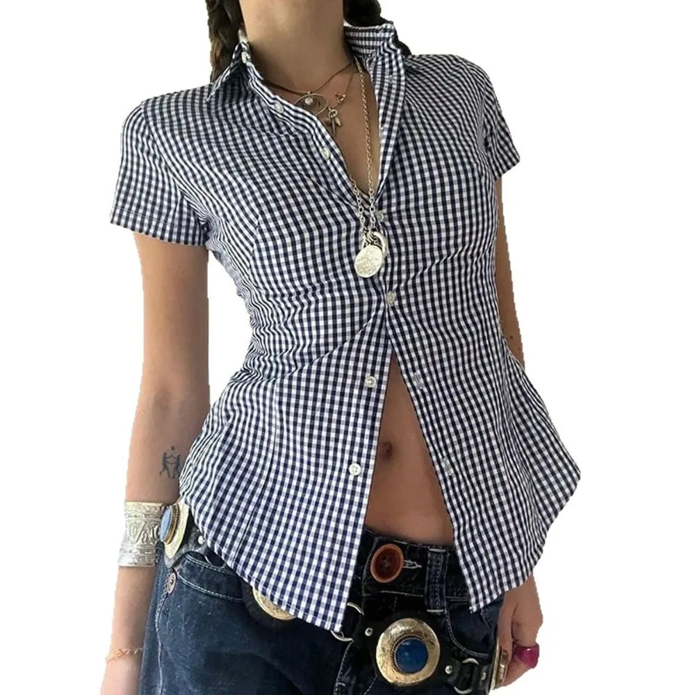 Retro Style Plaid Print Short Sleeve Collared Shirt Button Down Slim Fit Peplum Blouse for Daily Wear Brunch Women Outfits