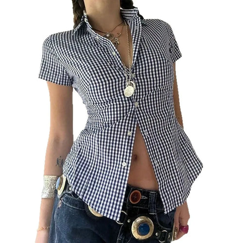 Retro Style Plaid Print Short Sleeve Collared Shirt Button Down Slim Fit Peplum Blouse for Daily Wear Brunch Women Outfits