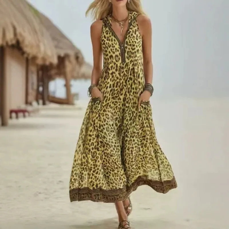 Women Sleeveless Hooded Zip Front Animal Spot Print Midi Dress Loose Flowy Swing Hem Pocket Long Outfit