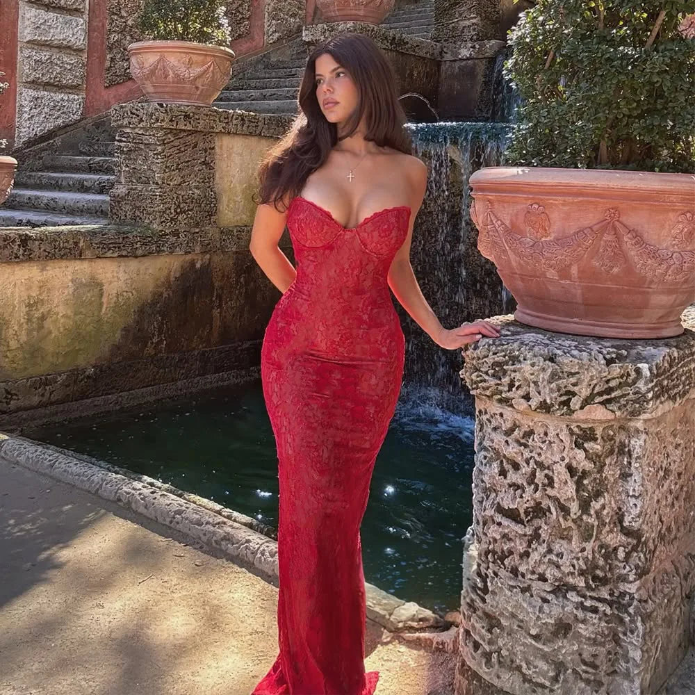 Women Halter Thin Strap Bustier Long Sleeve Shrug Sheer Floral Lace Bodycon Maxi Evening Gown Solid See Through Party Dress