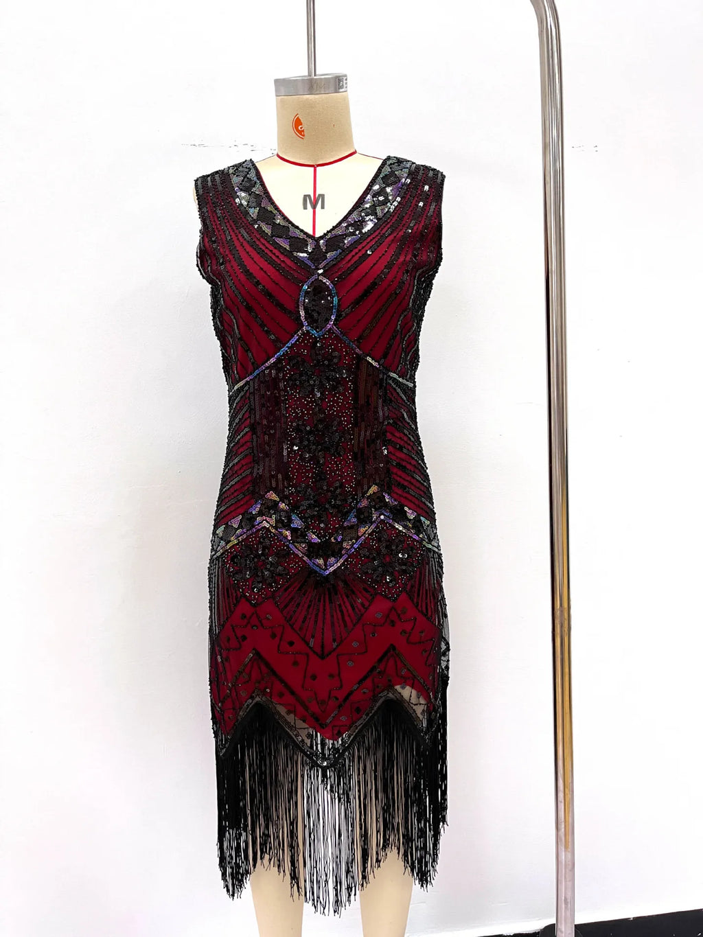 Women 1920s Flapper Dress Vintage Gatsby Beaded Sequin Fringe Midi Dress Sleeveless V Neck Roaring 20s Party Costume