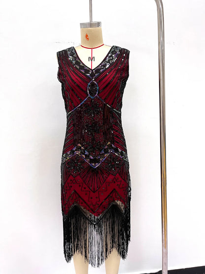 Women 1920s Flapper Dress Vintage Gatsby Beaded Sequin Fringe Midi Dress Sleeveless V Neck Roaring 20s Party Costume