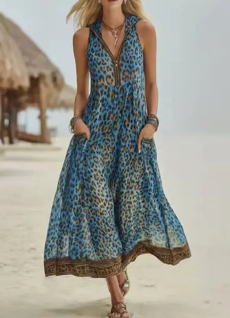 Women Sleeveless Hooded Zip Front Animal Spot Print Midi Dress Loose Flowy Swing Hem Pocket Long Outfit