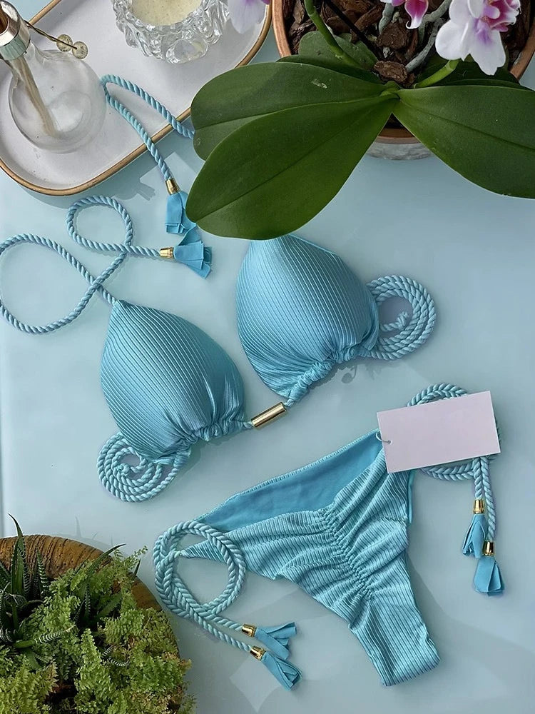 Women's Halter Tie Tassel Detail Two Piece Water Outfit Adjustable Side Drawstring Separated Swim Set for Beach Vacation Outfits