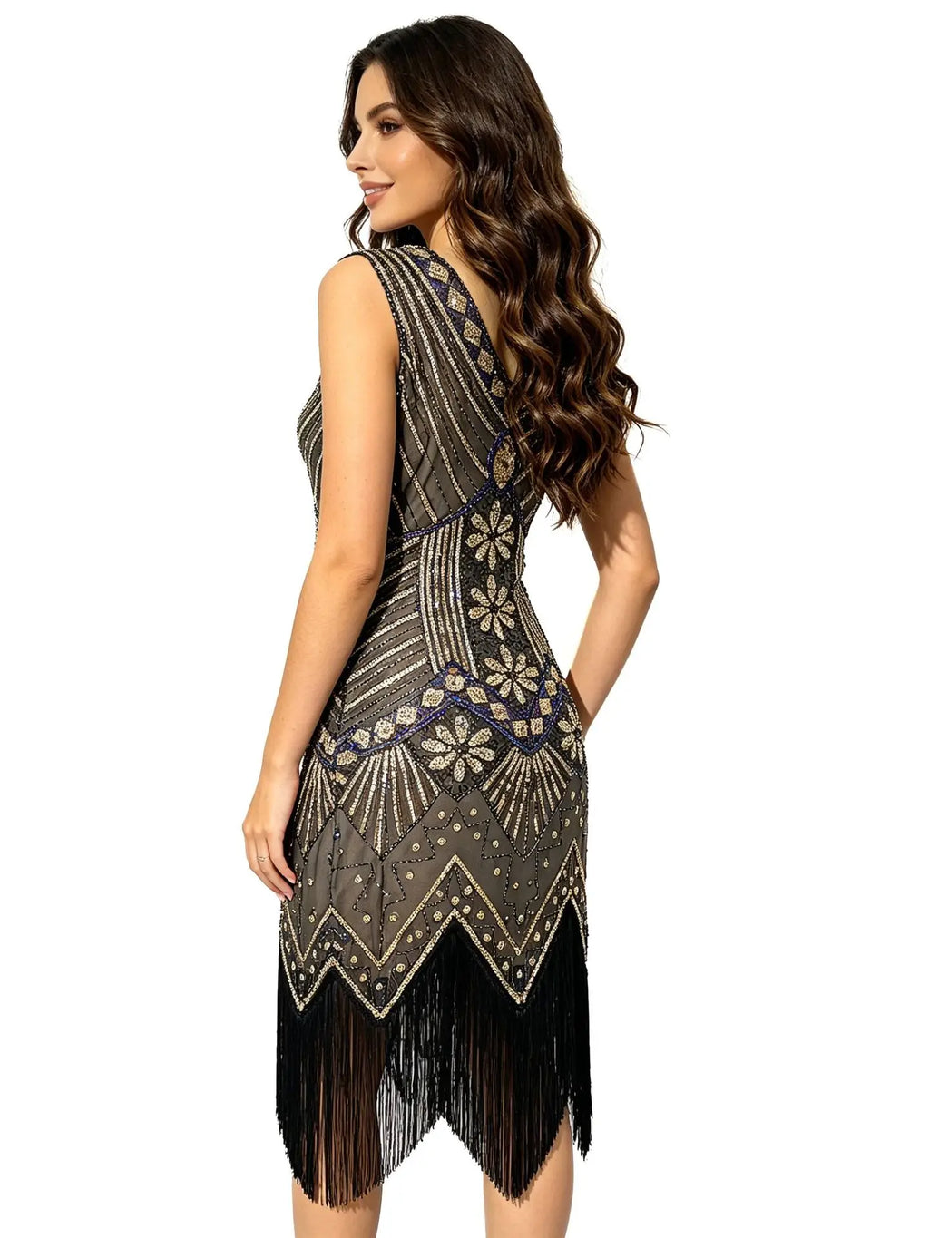 Women 1920s Flapper Dress Vintage Gatsby Beaded Sequin Fringe Midi Dress Sleeveless V Neck Roaring 20s Party Costume