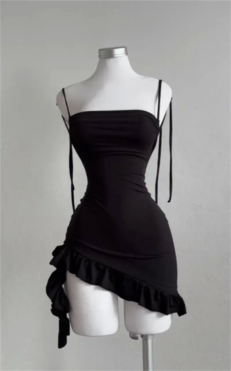 Women Lace Up Black Bodycon Dresses Strapless Backless Mini Dress Party Evening Sexy Slim Fit Ruffles Sundress