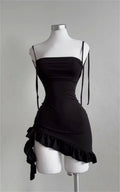 Women Lace Up Black Bodycon Dresses Strapless Backless Mini Dress Party Evening Sexy Slim Fit Ruffles Sundress