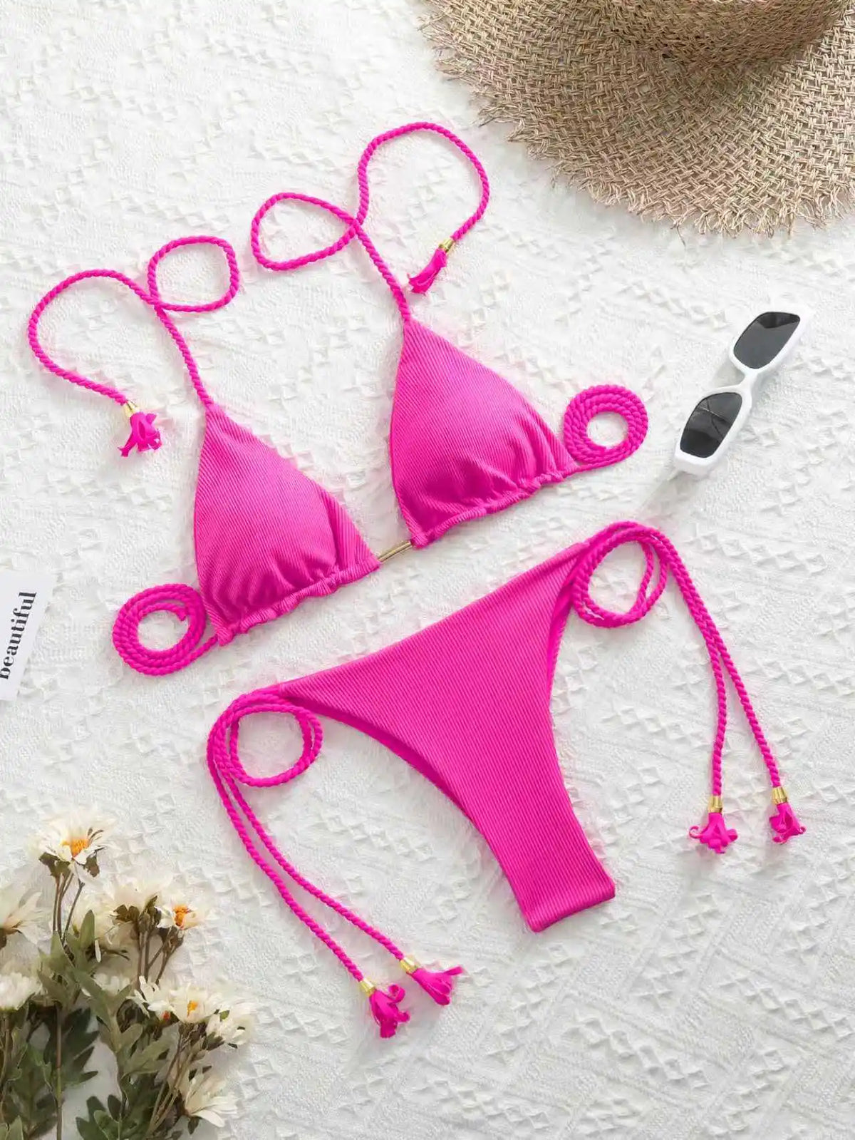 Women's Halter Tie Tassel Detail Two Piece Water Outfit Adjustable Side Drawstring Separated Swim Set for Beach Vacation Outfits