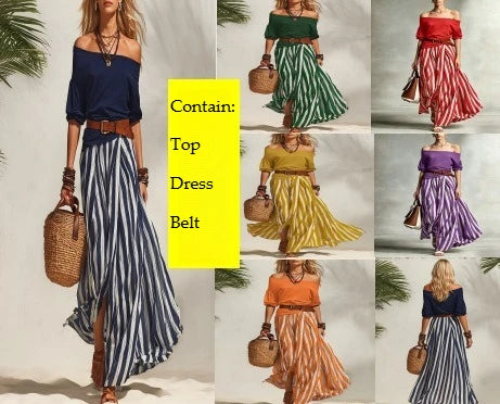 Women's Summer Off Shoulder Half Sleeve Top Vertical Stripe Split Maxi Skirt Two Piece Suit Loose Flowy Matching Set 2026