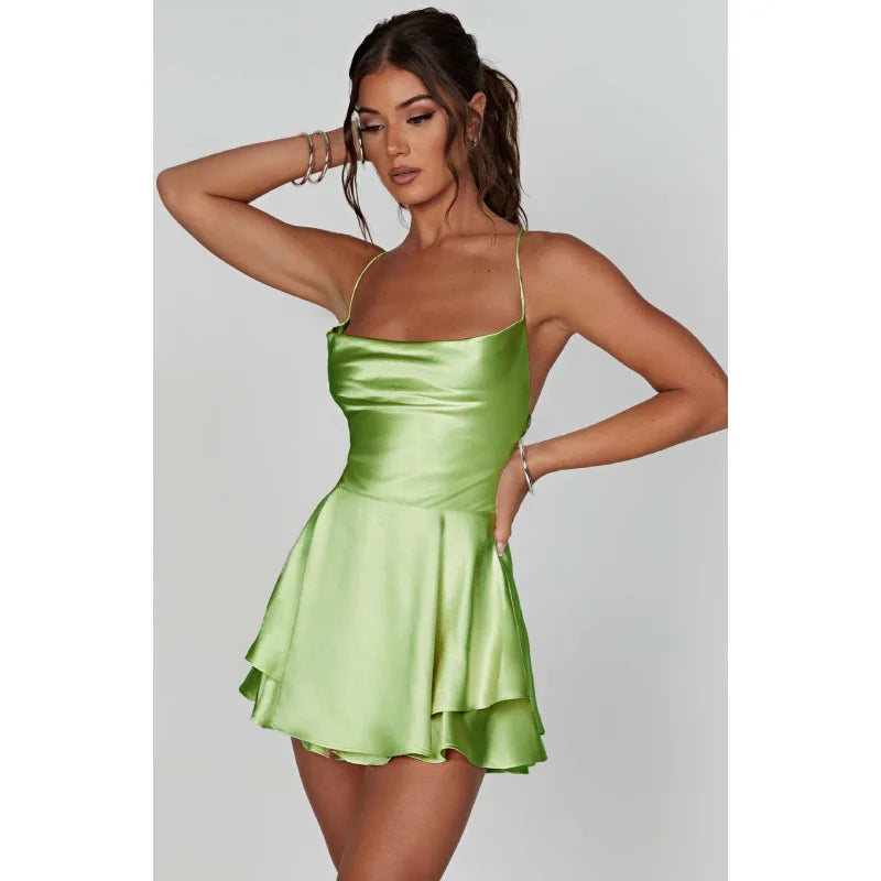 Women Sexy Satin Sleeveless Cami Playsuit Solid Cowl Neck Cross Tie Backless Short Jumpsuit Fashion Slim Fit Summer Romper