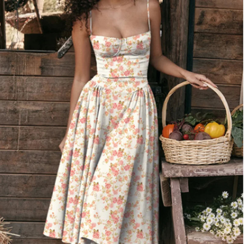 Women's French Retro Elegant V-Neck Sleeveless Slip Dress Bohemian Floral Beach Sundress Sexy Slim Fit Waist Cinched Long Dress