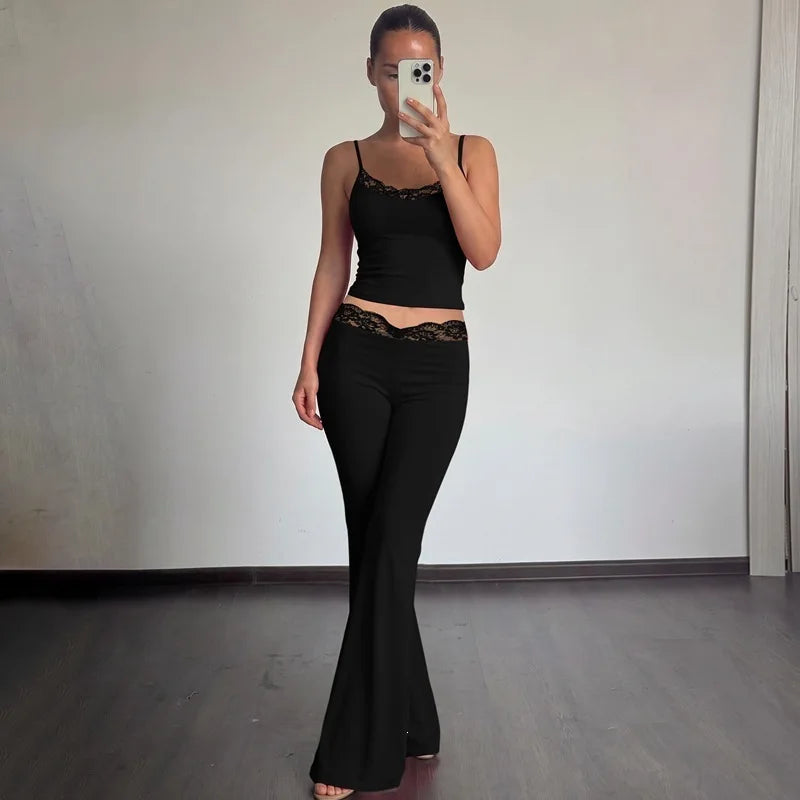 Women Summer Sexy Fungus Trim Spaghetti-Strap Tops Sexy Party Streetwear Patchwork Lace 2 Piece Sets