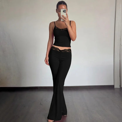 Women Summer Sexy Fungus Trim Spaghetti-Strap Tops Sexy Party Streetwear Patchwork Lace 2 Piece Sets
