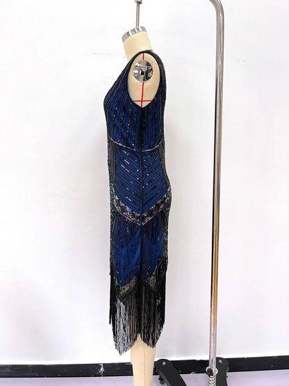 Women 1920s Flapper Dress Vintage Gatsby Beaded Sequin Fringe Midi Dress Sleeveless V Neck Roaring 20s Party Costume