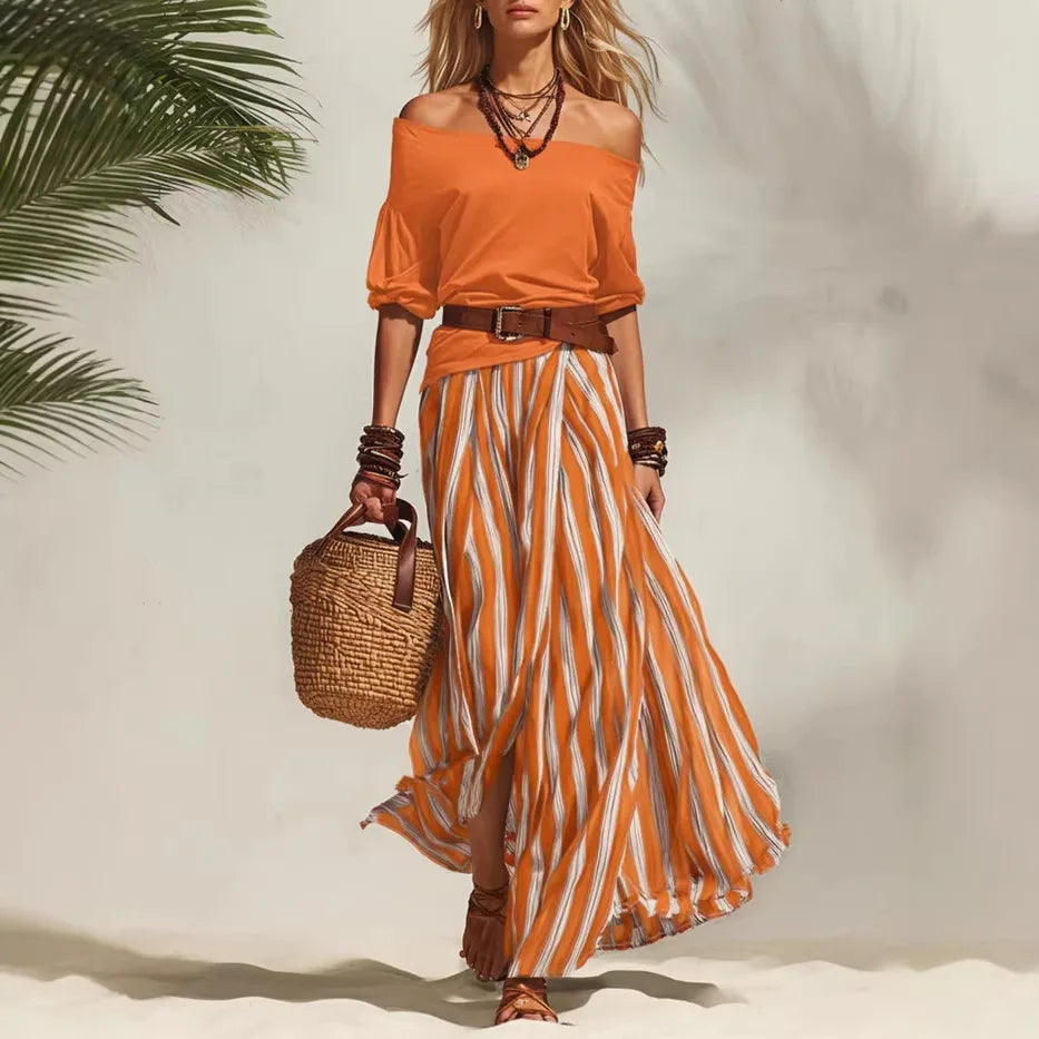 Women's Summer Off Shoulder Half Sleeve Top Vertical Stripe Split Maxi Skirt Two Piece Suit Loose Flowy Matching Set 2026