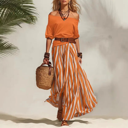 Women's Summer Off Shoulder Half Sleeve Top Vertical Stripe Split Maxi Skirt Two Piece Suit Loose Flowy Matching Set 2026