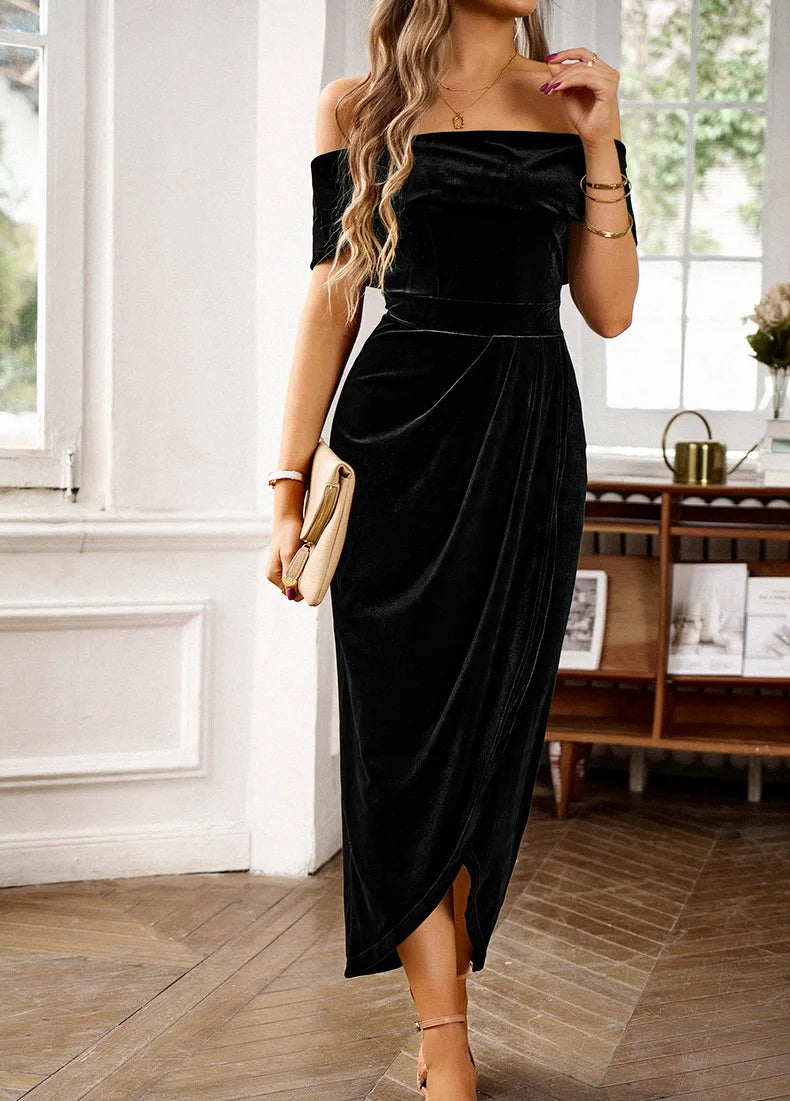 New Summer 2026 Women's Velvet Dress Sexy Off-shoulder Party Fashion Irregular One Shoulder Slim Fit Long Dress