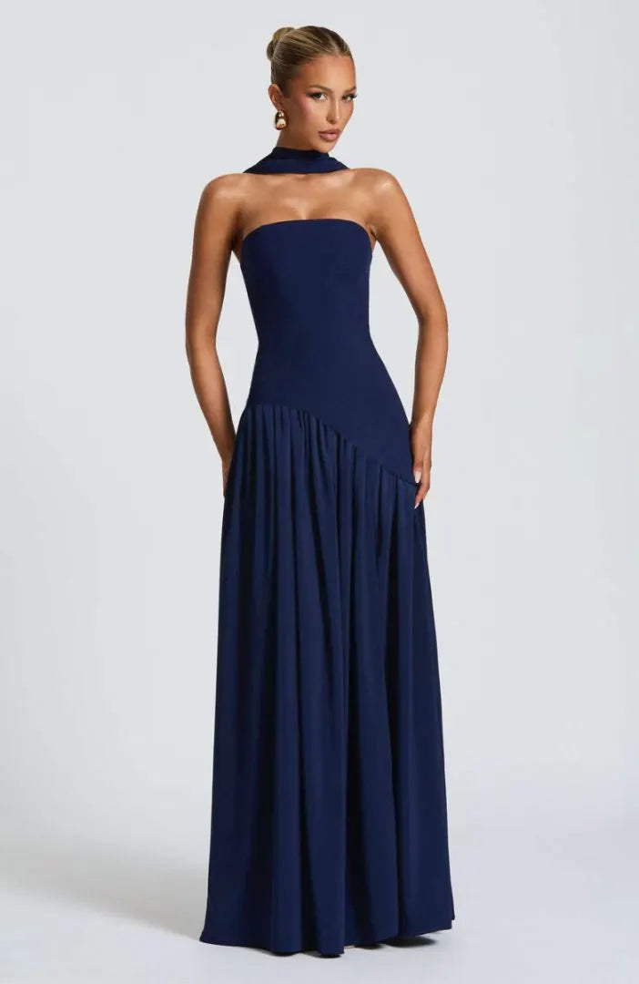 Women Strapless Asymmetrical Maxi Dress with Detachable Neck Wrap Pleated Flowy Long Evening Party Gown