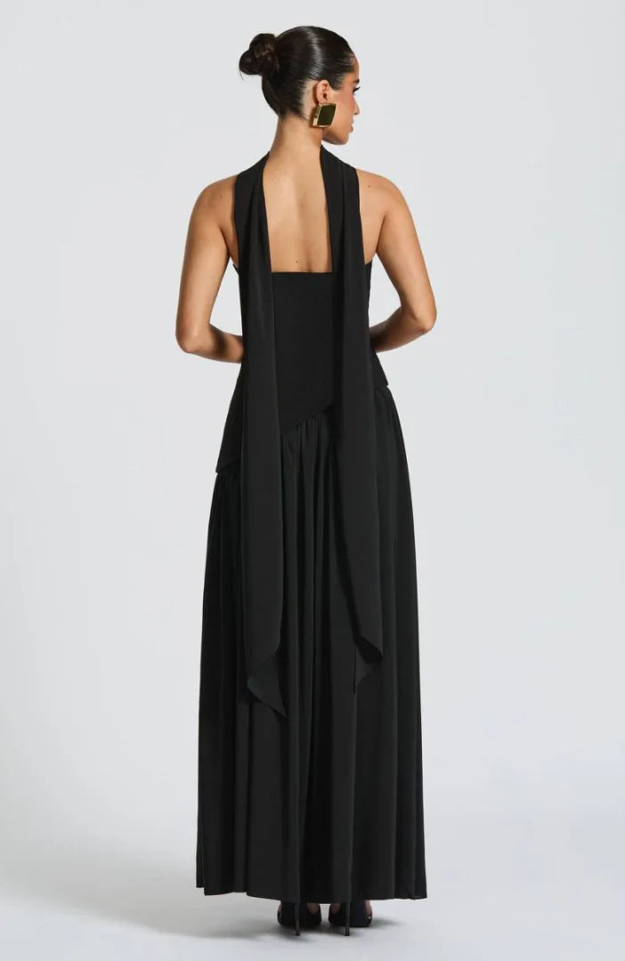 Women Strapless Asymmetrical Maxi Dress with Detachable Neck Wrap Pleated Flowy Long Evening Party Gown