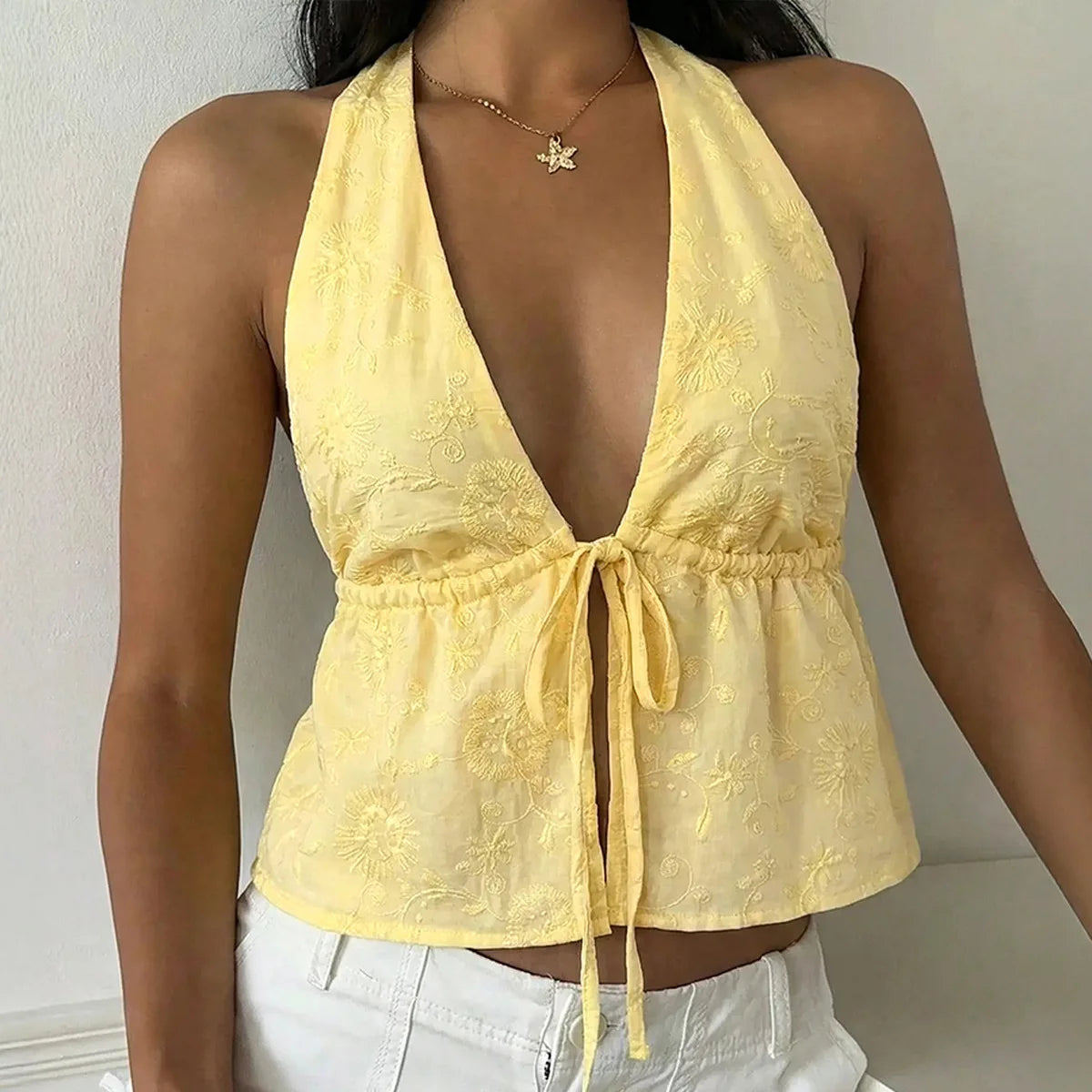 Boho Style Blouse Floral Embroidered Halter Top Tie Front Sleeveless Crop Top Summer Vacation Beachwear Festival Women Outfits
