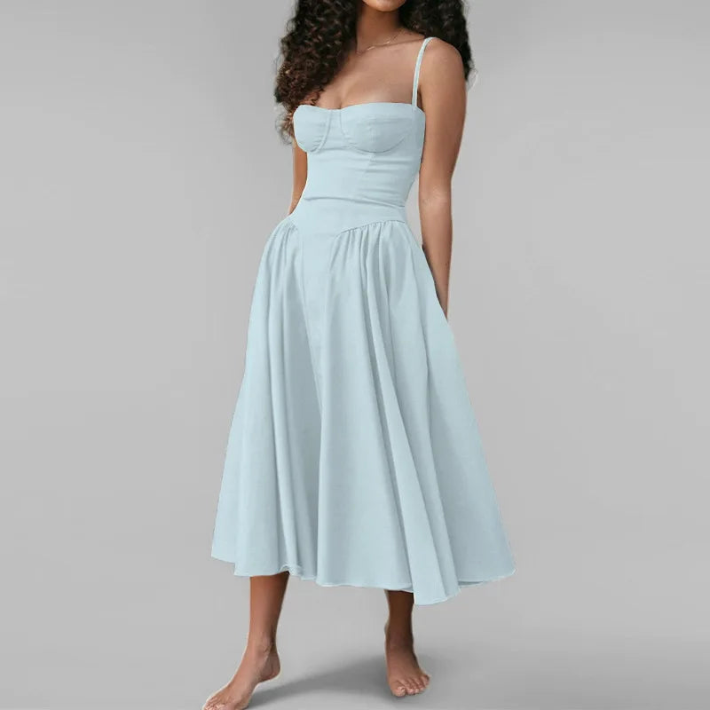 Women's French Retro Elegant V-Neck Sleeveless Slip Dress Bohemian Floral Beach Sundress Sexy Slim Fit Waist Cinched Long Dress