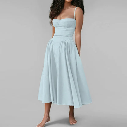 Women's French Retro Elegant V-Neck Sleeveless Slip Dress Bohemian Floral Beach Sundress Sexy Slim Fit Waist Cinched Long Dress