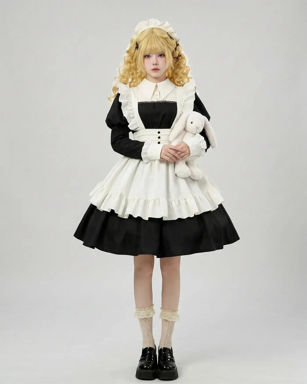 Women's Maid Lolita Dress Long Puff Sleeve Ruffle Apron Cosplay Costume with Headwear Theme Party Role Playing Outfits