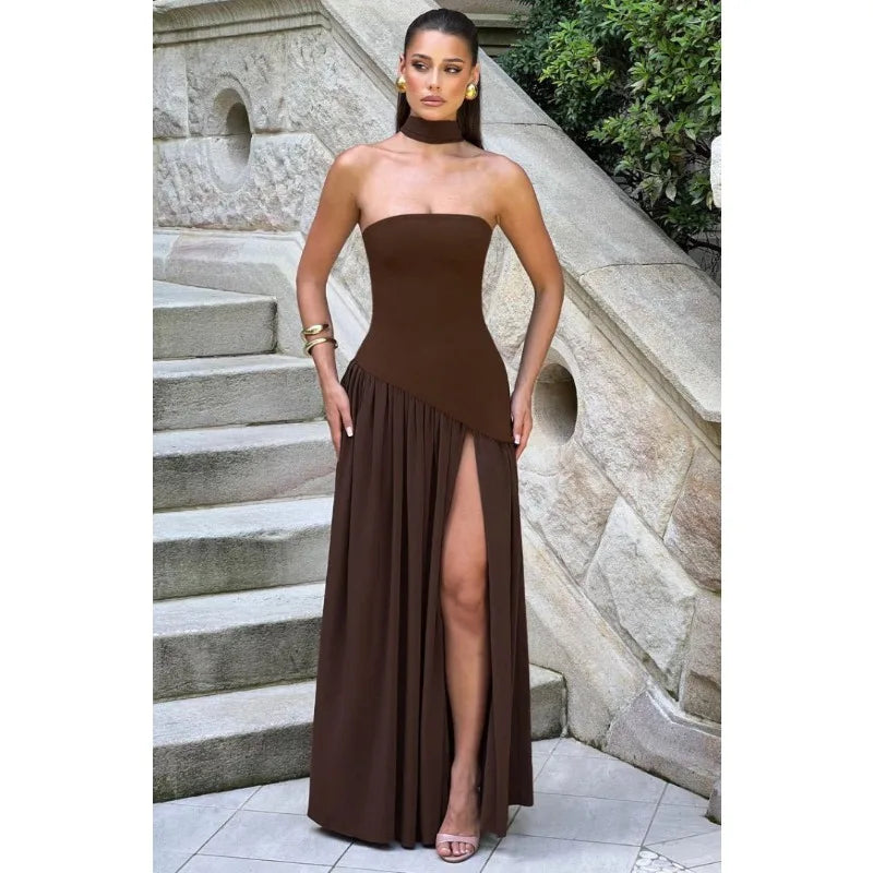 Women Strapless Asymmetrical Maxi Dress with Detachable Neck Wrap Pleated Flowy Long Evening Party Gown
