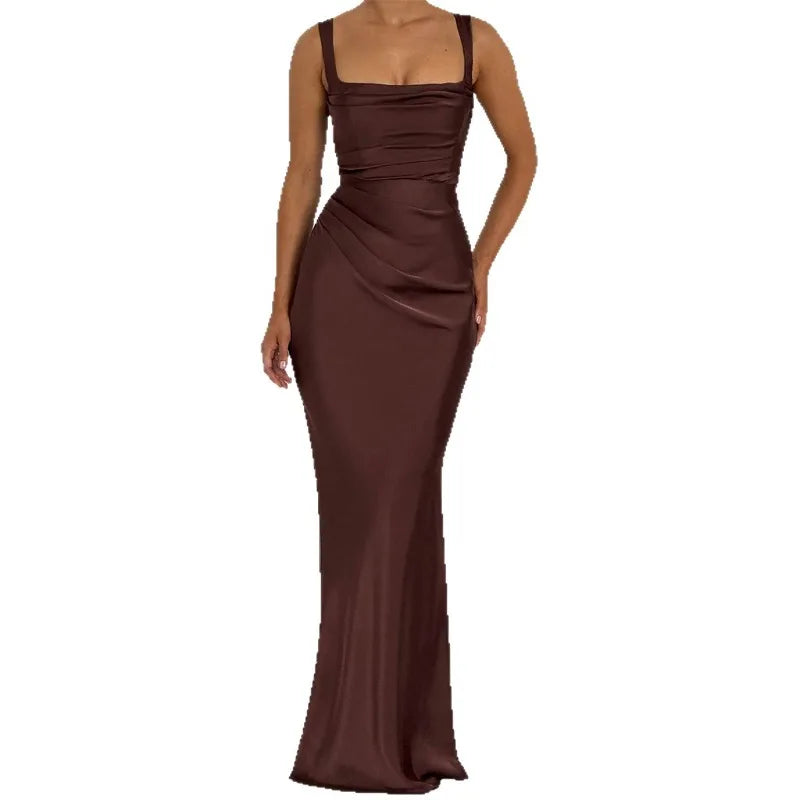 Women's Maxi Dress Elegant Sleeveless Solid Color Slim Fit Suspender Hip-wrapped Strap Dresses Fashion Ladies Party Long Skirt